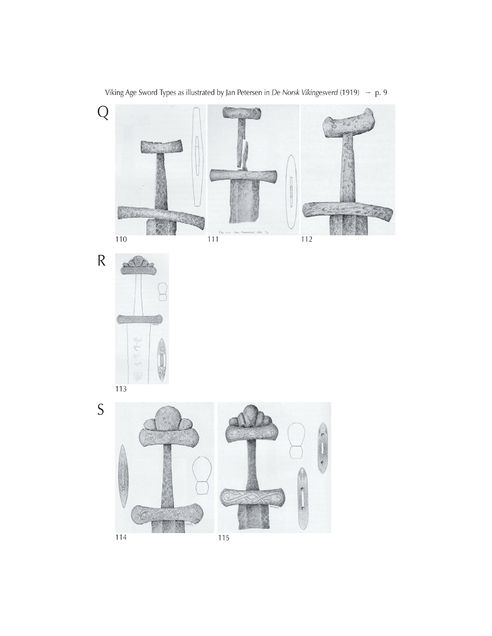 Viking sword types Q R and S with decorative pommel and hilt variations